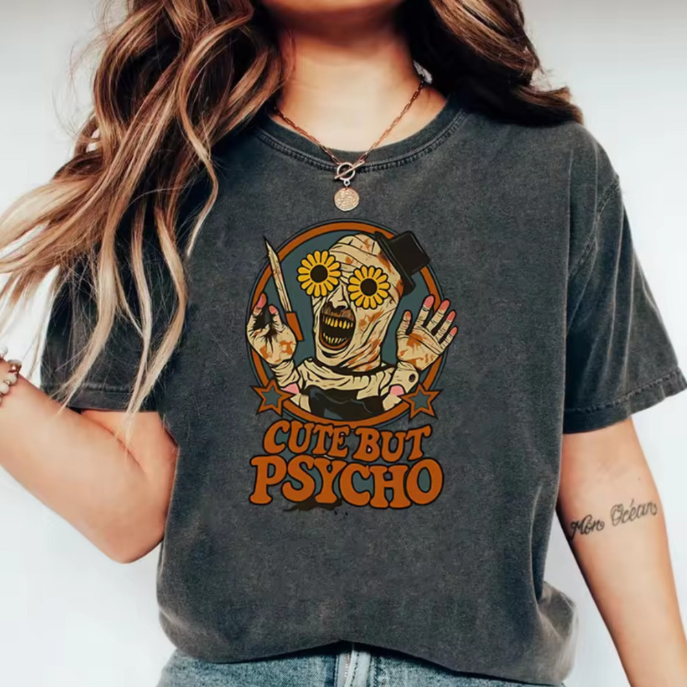 Terrifier Halloween Horror Movie T-Shirt, The Clown Cute But Psycho Graphic Tee